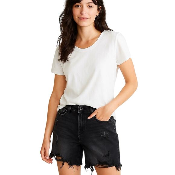 RISEN Distressed High-Rise Black Stretch Cut Off Denim Jean Shorts Women's Large - Picture 1 of 6